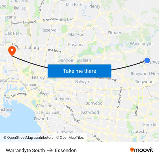 Warrandyte South to Essendon map