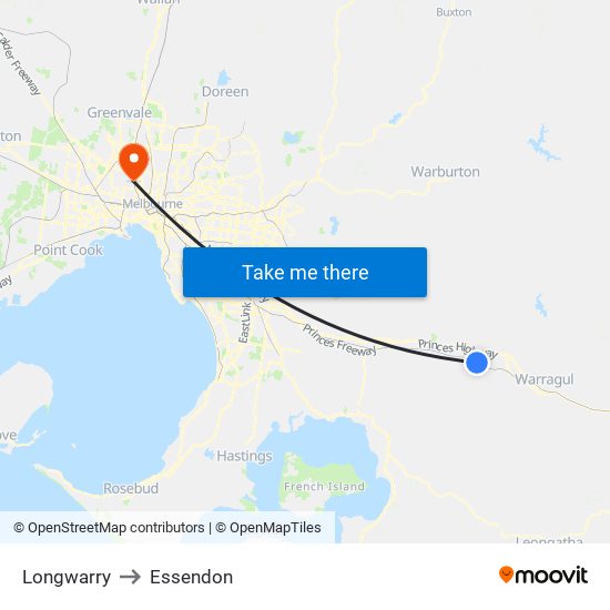 Longwarry to Essendon map