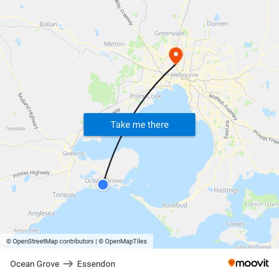 Ocean Grove to Essendon map