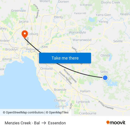 Menzies Creek - Bal to Essendon map