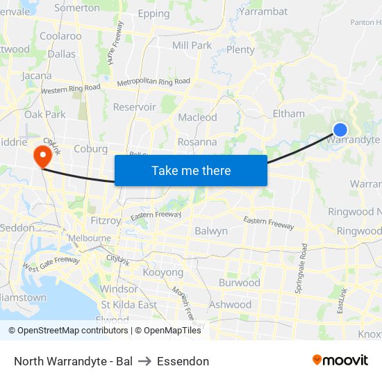 North Warrandyte - Bal to Essendon map