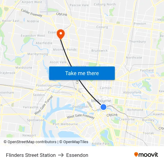 Flinders Street Station to Essendon map