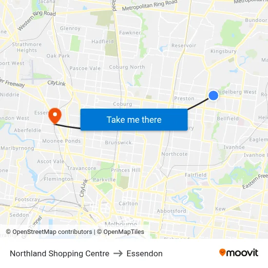 Northland Shopping Centre to Essendon map