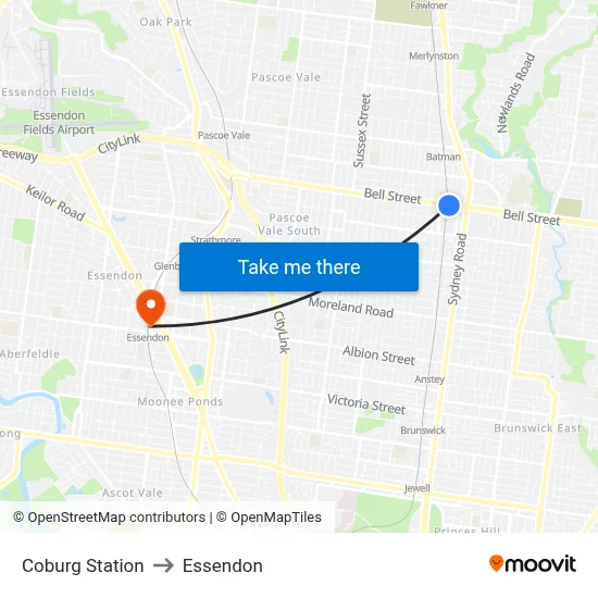 Coburg Station to Essendon map