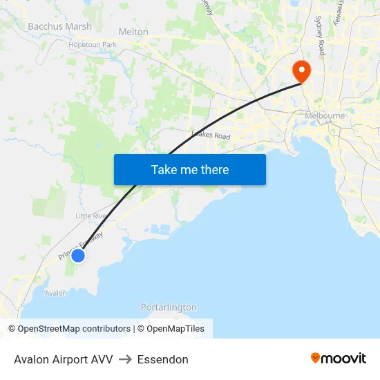 Avalon Airport AVV to Essendon map