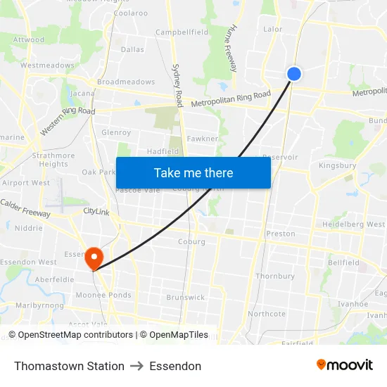 Thomastown Station to Essendon map