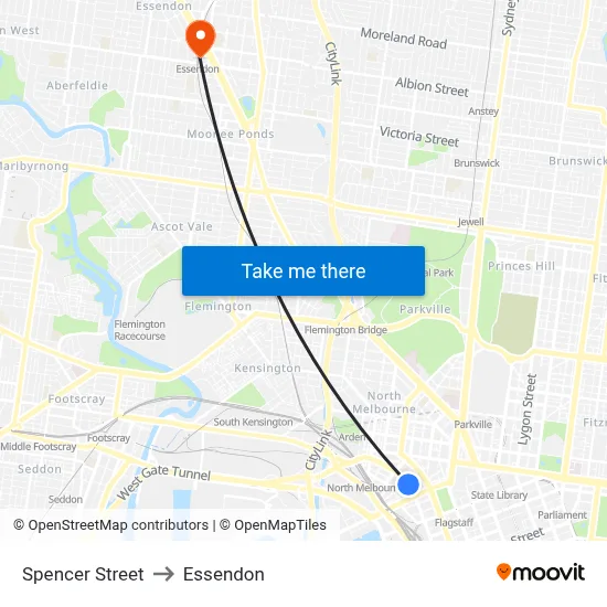 Spencer Street to Essendon map