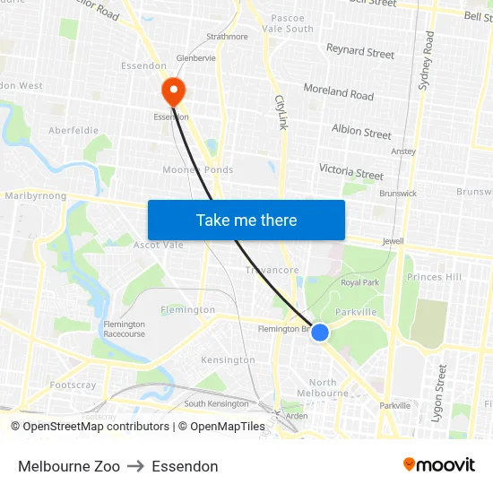 Melbourne Zoo to Essendon map