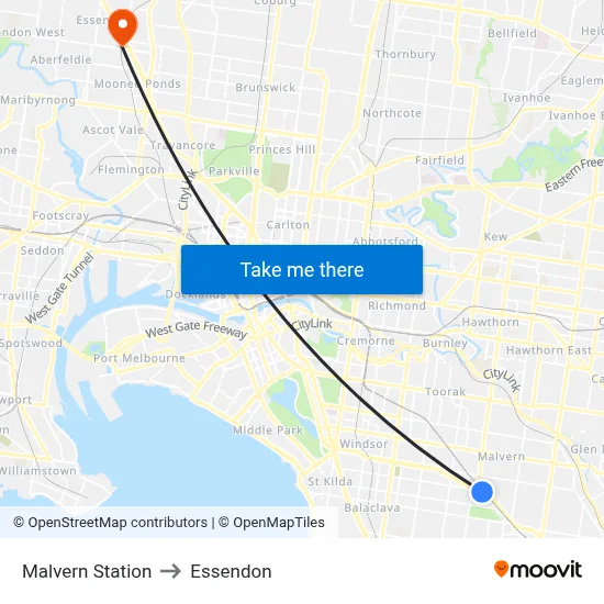 Malvern Station to Essendon map