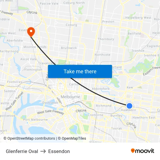 Glenferrie Oval to Essendon map