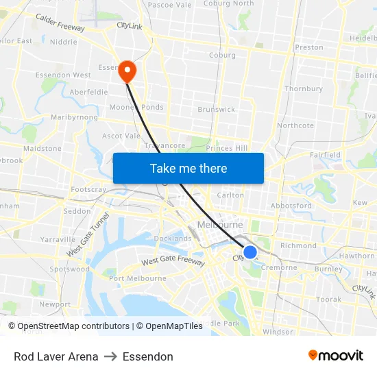 Rod Laver Arena to Essendon map