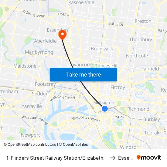 1-Flinders Street Railway Station/Elizabeth St (Melbourne City) to Essendon map