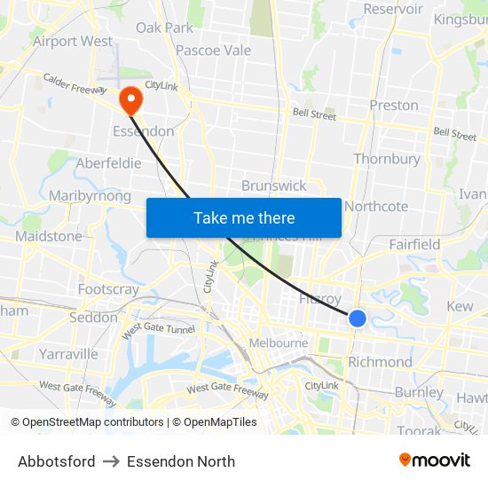 Abbotsford to Essendon North map