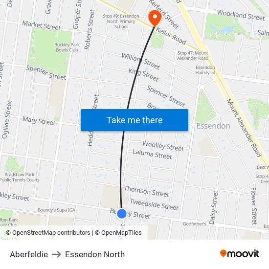 Aberfeldie to Essendon North map