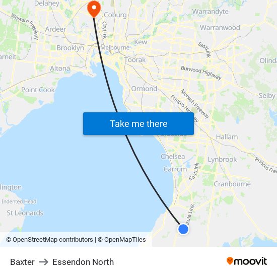 Baxter to Essendon North map