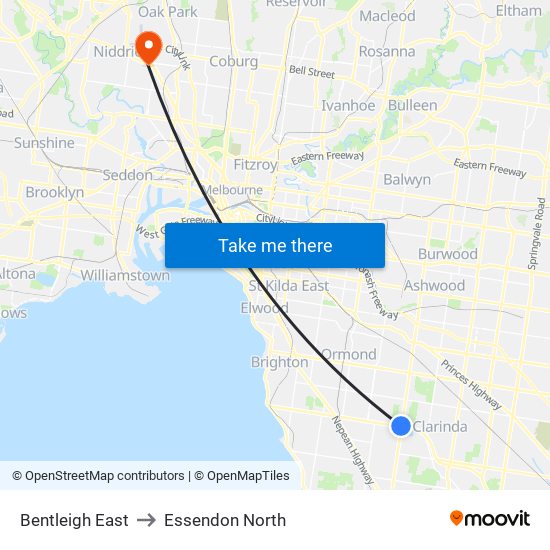 Bentleigh East to Essendon North map