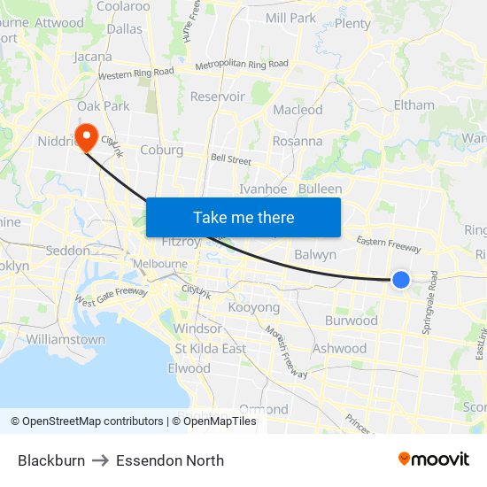 Blackburn to Essendon North map