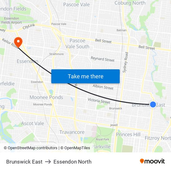 Brunswick East to Essendon North map