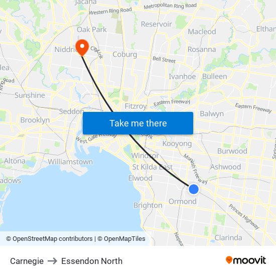 Carnegie to Essendon North map