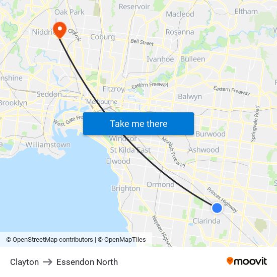 Clayton to Essendon North map