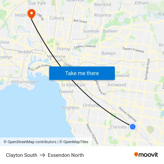 Clayton South to Essendon North map