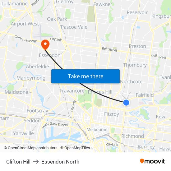 Clifton Hill to Essendon North map