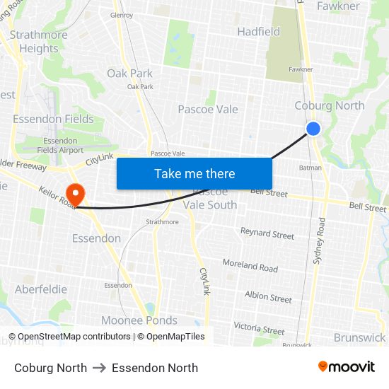 Coburg North to Essendon North map