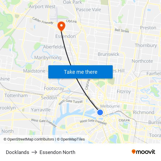 Docklands to Essendon North map