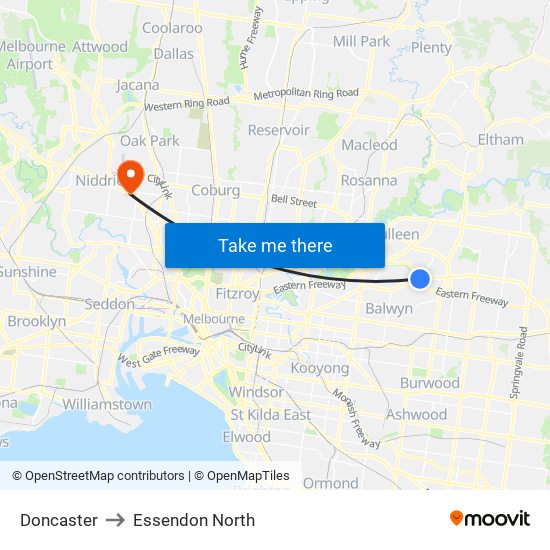 Doncaster to Essendon North map