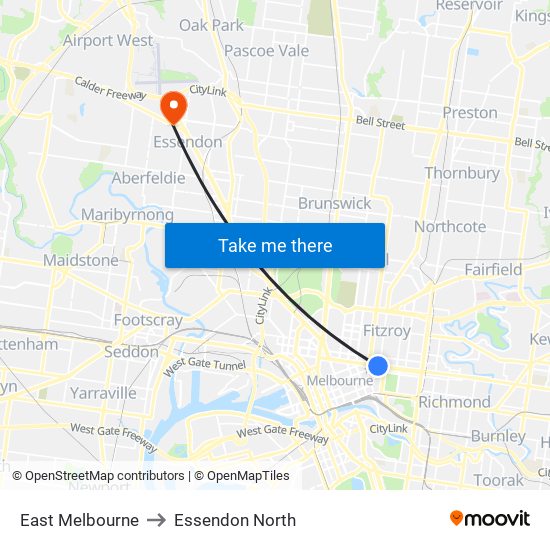 East Melbourne to Essendon North map