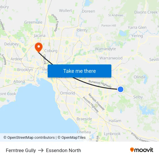 Ferntree Gully to Essendon North map