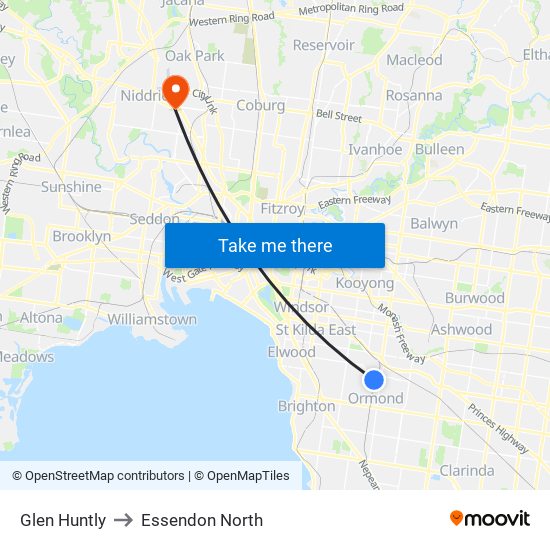 Glen Huntly to Essendon North map