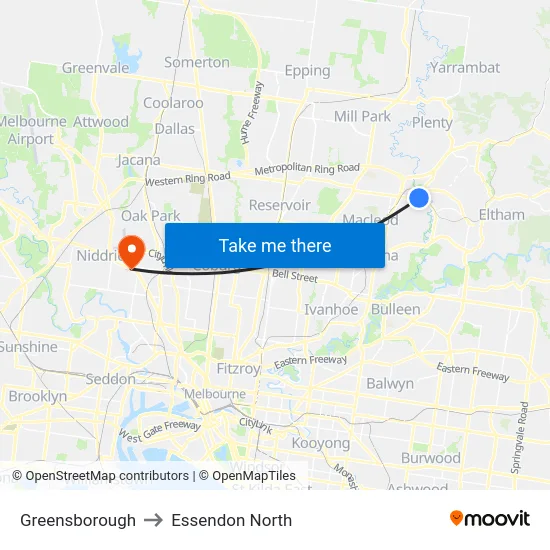 Greensborough to Essendon North map