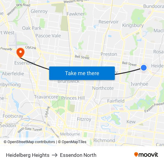 Heidelberg Heights to Essendon North map