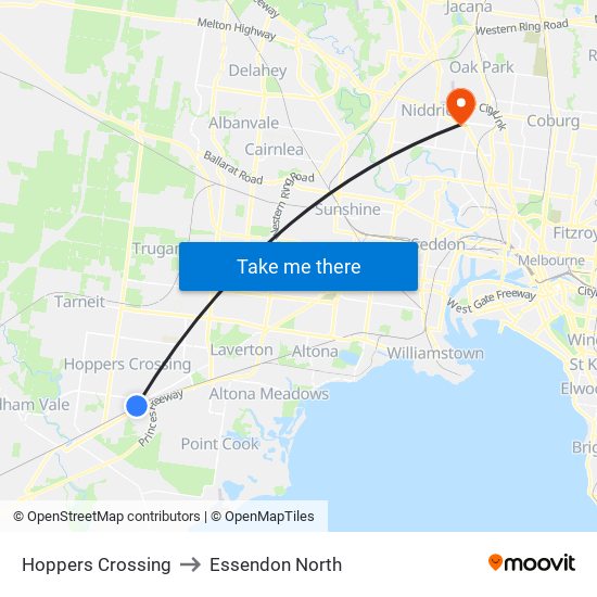 Hoppers Crossing to Essendon North map