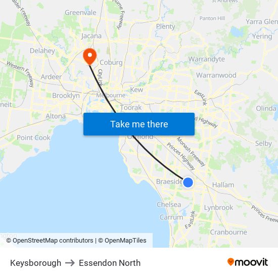 Keysborough to Essendon North map