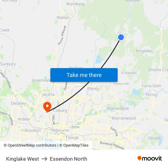 Kinglake West to Essendon North map