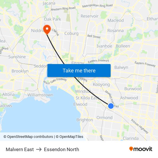 Malvern East to Essendon North map