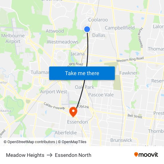 Meadow Heights to Essendon North map