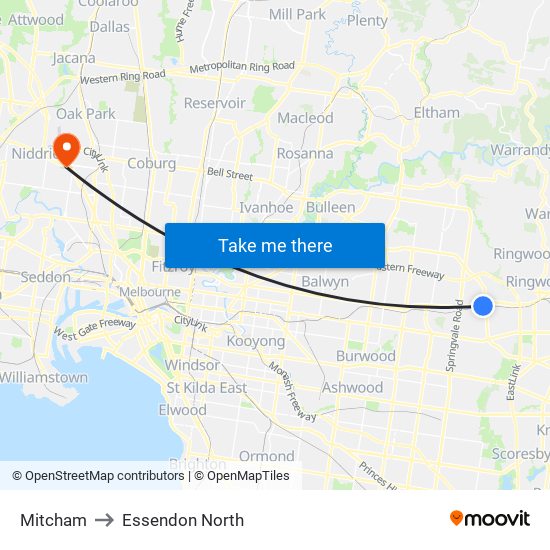 Mitcham to Essendon North map
