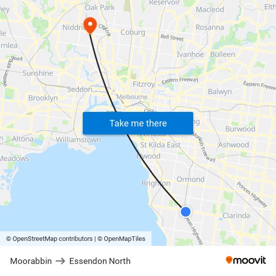 Moorabbin to Essendon North map