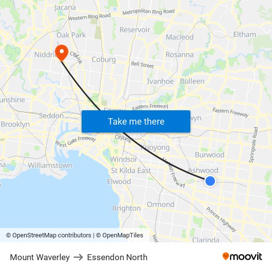 Mount Waverley to Essendon North map