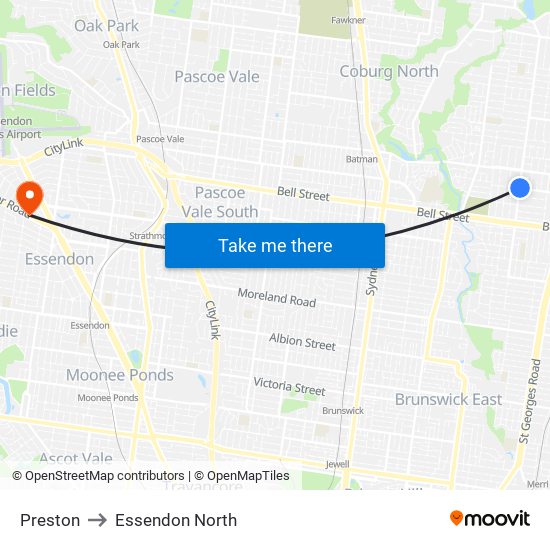 Preston to Essendon North map