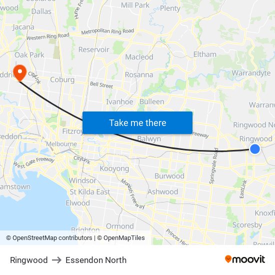 Ringwood to Essendon North map