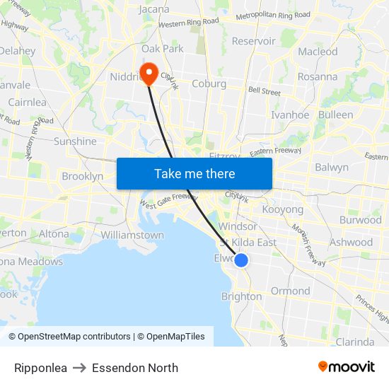 Ripponlea to Essendon North map