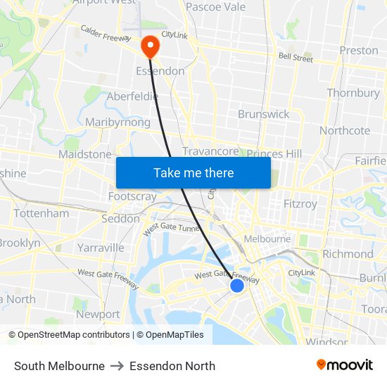 South Melbourne to Essendon North map