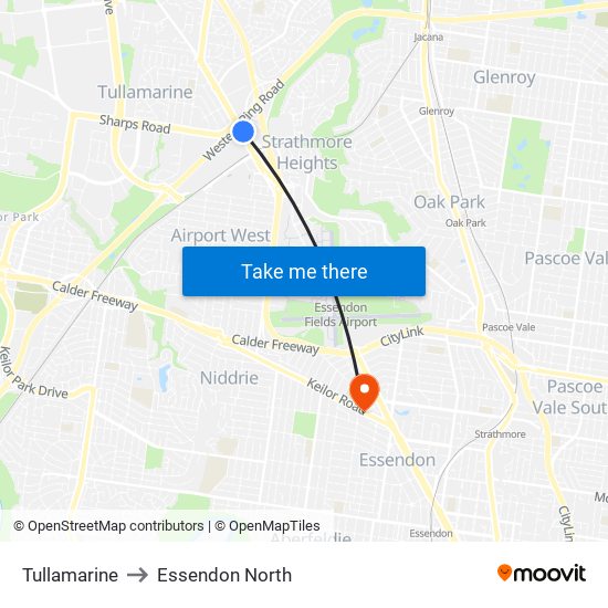 Tullamarine to Essendon North map