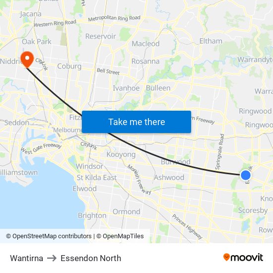 Wantirna to Essendon North map