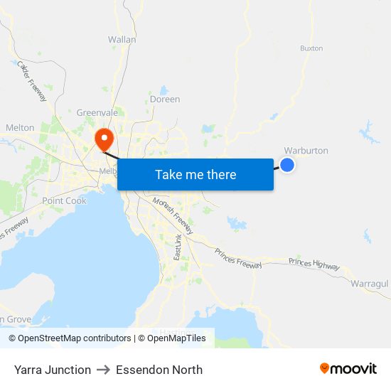 Yarra Junction to Essendon North map
