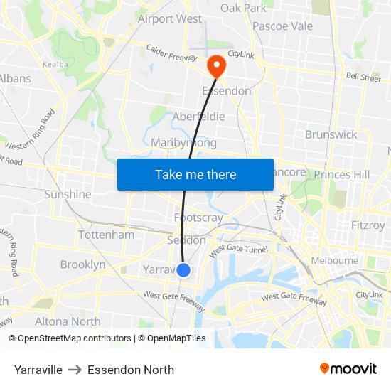 Yarraville to Essendon North map